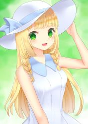 Rule 34 | 1girl, :d, banned artist, blonde hair, blue ribbon, blunt bangs, braid, collared dress, commentary request, creatures (company), dress, game freak, green eyes, hand on headwear, hand up, hat, hat ribbon, highres, lillie (pokemon), long hair, nintendo, open mouth, pokemon, pokemon sm, ribbon, sleeveless, sleeveless dress, smile, solo, sun hat, takahara, tongue, twin braids, upper body, white dress, white hat