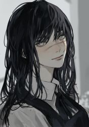 Rule 34 | 1girl, @ @, black hair, chainsaw man, highres, inuo (inuo x), long hair, looking at viewer, scar, scar on face, school uniform, smile, solo, yellow eyes, yoru (chainsaw man)