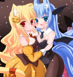 Rule 34 | 2girls, :d, animal ears, bare shoulders, black gloves, black leotard, black neckwear, black wings, blonde hair, blue eyes, blue hair, blush, breast press, breasts, brown legwear, bubble skirt, cat ears, cat girl, cat tail, cleavage, closed mouth, collar, collared shirt, commentary request, demon wings, detached collar, detached sleeves, elbow gloves, fox ears, fox girl, fox tail, gloves, gluteal fold, hair between eyes, hair ornament, head wings, highres, jack-o&#039;-lantern, jack-o&#039;-lantern hair ornament, juliet sleeves, kanijiru, kittysuit, leotard, long hair, long sleeves, medium breasts, multiple girls, necktie, nontraditional playboy bunny, open mouth, original, pantyhose, pleated skirt, puffy sleeves, red eyes, red ribbon, ribbon, shirt, short necktie, skirt, sleeveless, sleeveless shirt, smile, sparkle, strapless, strapless leotard, symmetrical docking, tail, tail ornament, tail ribbon, thigh gap, very long hair, white collar, white shirt, wing collar, wings, yellow skirt, yellow sleeves