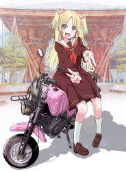 Rule 34 | 1girl, blonde hair, blue eyes, brown dress, brown footwear, double v, dress, gyaru v, highres, link! like! love live!, loafers, long sleeves, love live!, maruyo, motor vehicle, motorcycle, neckerchief, open mouth, osawa rurino, red neckerchief, sailor collar, school uniform, shoes, sitting, socks, solo, twintails, v, white sailor collar, white socks, winter uniform, yamaha