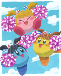 Rule 34 | 3others, adapted costume, alternate color, alternate costume, black hair, blonde hair, blue skin, blue sky, blush stickers, brown hair, cheerleader, cloud, colored skin, dancing, hair ornament, happy, highres, jumping, kirby, kirby (series), kirby fighters 2, miclot, multiple others, multiple persona, nintendo, no humans, official alternate costume, open mouth, outside border, pink skin, pom pom (cheerleading), ribbon, sky, staff kirby, swept bangs, twintails, yellow skin