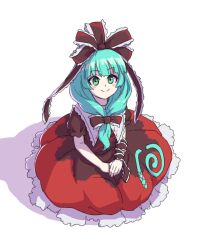 Rule 34 | 1girl, arm ribbon, bow, closed mouth, commentary, dress, frilled dress, frills, front ponytail, full body, green eyes, green hair, hair bow, hair ribbon, itani illust, kagiyama hina, long hair, looking at viewer, red bow, red dress, red ribbon, ribbon, short sleeves, sile, simple background, solo, touhou, white background