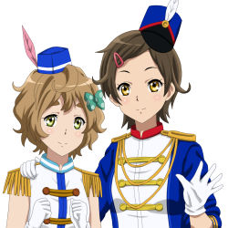 Rule 34 | 10s, 2girls, arm on another&#039;s shoulder, band uniform, bow, brown hair, cp9a, feathers, gloves, hair bow, hair ornament, hairclip, hat, hat feather, hibike! euphonium, katou hazuki, kawashima sapphire, multiple girls, short hair, white background, white gloves, yellow eyes