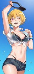 Rule 34 | 1girl, :d, arm up, badge, bikini, bikini top only, blonde hair, blue shorts, blue sky, blush, button badge, collar, denim, denim shorts, front-tie bikini top, front-tie top, highres, idolmaster, idolmaster shiny colors, layered bikini, looking at viewer, lower teeth only, makarony, navel, one eye closed, open mouth, outdoors, red eyes, saijo juri, see-through, shirt, short hair, shorts, sky, smile, swimsuit, teeth, tied shirt, two-tone headwear, upper teeth only, visor cap, water drop, wet, wet clothes, wet shirt, white collar, white shirt, wristband