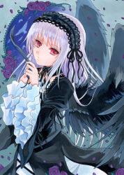 Rule 34 | 1girl, acrylic paint (medium), akuru (akr369akr), black collar, black dress, black ribbon, black wings, closed mouth, collar, detached collar, dress, feathered wings, flower, gothic lolita, hairband, layered sleeves, lolita fashion, lolita hairband, long hair, long sleeves, neck ribbon, painting (medium), purple flower, purple rose, red eyes, ribbon, rose, rozen maiden, silver hair, solo, straight hair, suigintou, traditional media, very long hair, wide sleeves, wings