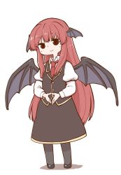 Rule 34 | 1girl, bat wings, black footwear, black pantyhose, black skirt, black vest, blouse, collared shirt, commentary request, full body, head wings, juliet sleeves, koakuma, long hair, long sleeves, looking at viewer, necktie, own hands together, pantyhose, poronegi, puffy sleeves, red eyes, red hair, red necktie, shirt, shoes, simple background, skirt, skirt set, smile, solo, standing, steepled fingers, touhou, very long hair, vest, white background, white shirt, wings