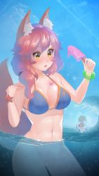 Rule 34 | 2girls, absurdres, ahoge, animal ear fluff, animal ears, bare shoulders, bikini, bikini top only, blue bikini, blue sky, blush, bottomless, bracelet, breasts, bubble, cleavage, cloud, commentary, contrail, day, dripping, english commentary, eyebrows hidden by hair, eyelashes, fang, fate/grand order, fate (series), fingernails, food, fox ears, fox girl, fox tail, green eyes, hair between eyes, hair intakes, hairband, hand on own shoulder, highres, holding, holding clothes, holding food, holding swimsuit, jewelry, large breasts, long hair, looking at another, looking down, multiple girls, navel, nero claudius (fate), nero claudius (fate) (all), nero claudius (swimsuit caster) (fate), ocean, open mouth, partially submerged, partially underwater shot, pink hair, popsicle, red bikini, runicrow, sidelocks, sky, smile, striped bikini, striped clothes, sweat, sweatdrop, swimsuit, tail, tamamo (fate), tamamo no mae (fate/extra), tamamo no mae (swimsuit lancer) (fate), teeth, twintails, underwater, wading, waves, yellow eyes, | |