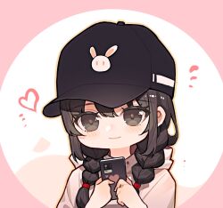 Rule 34 | 1girl, baseball cap, black hair, black hat, blush, braid, brown eyes, cellphone, closed mouth, flying sweatdrops, hair over shoulder, hands up, hat, heart, highres, holding, holding phone, hood, hood down, hoodie, long hair, looking at viewer, low twintails, original, phone, pink background, smile, solo, stkme, twin braids, twintails, two-tone background, white background, white hoodie