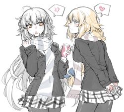 Rule 34 | 2girls, ahoge, alternate costume, anger vein, arms behind back, artist request, black jacket, black legwear, blonde hair, blue bow, blush, bow, braid, breasts, casual, closed mouth, commentary, cup, fate/grand order, fate (series), hair between eyes, hair bow, heart, highres, holding, holding cup, jacket, jeanne d&#039;arc (fate), jeanne d&#039;arc (ruler) (fate), jeanne d&#039;arc alter (avenger) (fate), jeanne d&#039;arc alter (fate), long hair, looking at another, miniskirt, multiple girls, open mouth, pantyhose, parted lips, pocket, scarf, shirt, simple background, skirt, smile, speech bubble, very long hair, white background, white hair, white shirt, winter clothes