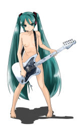 Rule 34 | 1girl, barefoot, breasts, censored, completely nude, convenient censoring, feet, flat chest, green eyes, green hair, guitar, hatsune miku, instrument, long hair, matching hair/eyes, microphone, nipples, nude, ribs, skinny, solo, twintails, very long hair, vocaloid, yada ei