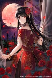 Rule 34 | 1girl, black hair, blurry, blurry background, bracelet, building, character request, commentary request, copyright request, cowboy shot, curtains, dress, falling petals, field, flower, flower field, highres, holding, jewelry, korean commentary, korean text, layered dress, long hair, looking at viewer, looking back, moon, night, night sky, off-shoulder dress, off shoulder, open mouth, open window, parted lips, petals, plus1024, print dress, purple sky, red dress, red eyes, red flower, red moon, red rose, rose, sky, solo, standing, star (sky), straight hair, teeth, window