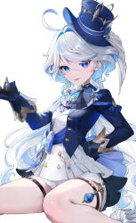 Rule 34 | 1girl, absurdres, ahoge, ascot, black ascot, black gloves, blue eyes, blue hair, blue hat, blue jacket, furina (genshin impact), genshin impact, gloves, hair between eyes, hat, heterochromia, highres, jacket, kkopoli, light blue hair, long hair, long sleeves, looking at viewer, multicolored hair, shorts, solo, thighs, tongue, tongue out, top hat, white background, white hair, white shorts