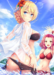 Rule 34 | 2girls, :d, ahoge, akashio (loli ace), arm up, armpits, ass, bikini, bikini pull, black bikini, blonde hair, blouse, blue eyes, blue sky, braid, breasts, brown eyes, clothes pull, cloud, darjeeling (girls und panzer), day, flower, from behind, girls und panzer, hair flower, hair ornament, halterneck, hibiscus, highres, large breasts, lens flare, looking at viewer, looking back, multiple girls, navel, open clothes, open mouth, outdoors, parted bangs, pink hair, red bikini, rosehip (girls und panzer), see-through, shirt, short hair, side-tie bikini bottom, skindentation, sky, smile, stomach, string bikini, sunlight, swimsuit, wading, water, wet, wet clothes, white shirt