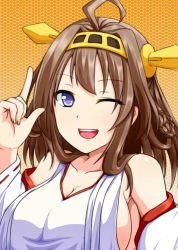 Rule 34 | 10s, 1girl, ;d, breasts, cleavage, detached sleeves, double bun, gradient background, hair bun, hair ornament, hairband, headgear, honeycomb (pattern), honeycomb background, honeycomb pattern, huge breasts, japanese clothes, kantai collection, kongou (kancolle), long hair, long sleeves, looking at viewer, mhf4, one eye closed, open mouth, orange background, personification, pointing, pointing up, ribbon-trimmed sleeves, ribbon trim, simple background, smile, solo, wide sleeves, wink