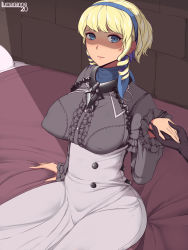 Rule 34 | 1girl, artist name, bed, black gloves, blonde hair, blue eyes, blue hairband, blush, breasts, closed mouth, constance von nuvelle, dress, drill hair, earrings, fire emblem, fire emblem: three houses, frown, garreg mach monastery uniform, gloves, hairband, holding hands, highres, holding, jewelry, large breasts, logo, long sleeves, looking at viewer, lumarianne20, multicolored hair, nintendo, pillow, purple hair, scarf, shadow, short hair, sitting, solo focus, uniform