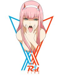 Rule 34 | 10s, 1girl, absurdres, artist name, blunt bangs, breasts, cunnilingus gesture, darling in the franxx, half-closed eyes, highres, large breasts, naughty face, nude, open mouth, oral invitation, pink hair, r3dfive, simple background, solo, tongue, tongue out, transparent background, white background, zero two (darling in the franxx)