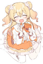 Rule 34 | 1girl, :d, ^ ^, amamine, blonde hair, blush, closed eyes, double bun, facing viewer, fang, flower, food, hair between eyes, hair bun, hair flower, hair ornament, hands up, holding, holding food, hololive, jacket, long hair, long sleeves, momosuzu nene, open clothes, open jacket, open mouth, orange skirt, pantyhose, puffy long sleeves, puffy sleeves, simple background, sitting, skirt, smile, solo, two side up, very long hair, virtual youtuber, wariza, white background, white flower, white jacket, white pantyhose