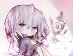 Rule 34 | 1girl, :o, bad id, bad pixiv id, black jacket, blush, chibi, commentary request, cottontailtokki, crown, crystal, feet out of frame, hair between eyes, jacket, knees up, long hair, looking at viewer, mini crown, open clothes, open jacket, parted lips, purple eyes, purple hair, shingeki no bahamut, shirt, signature, sitting, solo, sparkle, spinaria (shingeki no bahamut), tilted headwear, track jacket, very long hair, white shirt