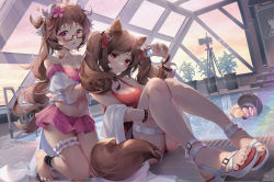 Rule 34 | 3girls, ahoge, angelina (arknights), angelina (summer flower) (arknights), animal ears, anklet, arknights, arm up, asc11, bare legs, bare shoulders, barefoot, bikini, bikini skirt, blush, breasts, bridal garter, brown hair, camera, chinese commentary, cleavage, closed mouth, commentary request, crocodilian tail, eyjafjalla (arknights), eyjafjalla (summer flower) (arknights), fox girl, fox tail, full body, glasses, hair ribbon, highres, horns, innertube, jewelry, kneeling, knees up, long hair, looking at viewer, medium breasts, midriff, multiple girls, nail polish, navel, off-shoulder bikini, off shoulder, official alternate costume, one-piece swimsuit, parted lips, partially submerged, pink eyes, pink nails, plaid, plaid bikini, plant, pool, potted plant, red eyes, red one-piece swimsuit, red ribbon, rei no pool, ribbon, sandals, semi-rimless eyewear, sheep ears, sheep girl, sheep horns, short sleeves, sidelocks, sitting, swim ring, swimsuit, swimsuit cover-up, tail, thigh strap, toenail polish, toenails, tomimi (arknights), tripod, twintails, very long hair, white footwear, wristband