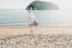 Rule 34 | 1girl, beach, black eyes, black hair, closed mouth, commentary request, day, dot mouth, dress, empty eyes, full body, highres, looking at viewer, mochu (aoishikabane), original, outdoors, photo background, sand, shore, short hair, short sleeves, solo, standing, water, white dress, wide shot