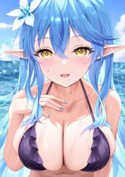 Rule 34 | 1girl, :d, absurdres, bare arms, bare shoulders, bikini, blue hair, blue nails, blush, breasts, cleavage, collarbone, day, elf, fingernails, flower, frilled bikini, frills, hair flower, hair ornament, hand on own chest, highres, hololive, large breasts, long fingernails, long hair, looking at viewer, multicolored hair, nail polish, ocean, open mouth, outdoors, pointy ears, purple bikini, smile, solo, streaked hair, sumeragi sumika, swimsuit, upper body, very long hair, virtual youtuber, water, white flower, yellow eyes, yukihana lamy