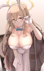 Rule 34 | 1girl, absurdres, adjusting eyewear, akane (blue archive), akane (bunny) (blue archive), animal ears, aoi mochio, blue archive, breasts, brown eyes, brown hair, cleavage, cowboy shot, fake animal ears, glasses, gloves, hair between eyes, halo, hand on eyewear, highres, large breasts, leotard, looking at viewer, official alternate costume, pantyhose, plaid blanket, rabbit ears, solo, strapless, white gloves, white leotard, white pantyhose