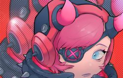 Rule 34 | 1girl, animification, apex legends, blue eyes, close-up, cyber punked wattson, eyebrows hidden by hair, eyepatch, ham (hamhampy), highres, hood, horns, lipstick, looking to the side, makeup, pink hair, purple lips, solo, spiked hood, spikes, upper body, wattson (apex legends), zoom layer