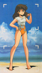 Rule 34 | 1980s (style), 1girl, barefoot, beach, brown hair, casual one-piece swimsuit, cream lemon, day, fairy dust, full body, green eyes, highres, long hair, looking at viewer, non-web source, nonomura ami, official art, oldschool, one-piece swimsuit, outdoors, retro artstyle, scan, shirt, sleeveless, solo, swimsuit, tied shirt, white shirt