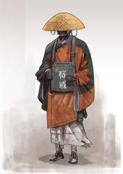 Rule 34 | 1boy, absurdres, android, begging, chaboex, cyborg, hat, highres, holding, japanese clothes, male focus, mecha, monk, original, rice hat, robot, science fiction, simple background, solo