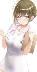 Rule 34 | 1girl, ahoge, blush, braid, breasts, brown eyes, brown hair, buttons, bvucki36gzoeq1c, collared dress, dress, hands up, holding, idolmaster, idolmaster shiny colors, kuwayama chiyuki, large breasts, looking at viewer, nurse, short hair, short sleeves, sidelocks, simple background, smile, solo, stethoscope, upper body, white background, white dress
