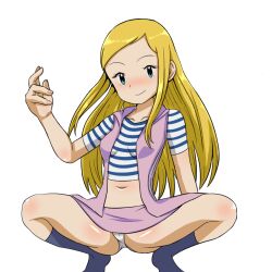 Rule 34 | 1girl, blonde hair, blush, breasts, digimon, digimon frontier, green eyes, long hair, looking at viewer, medium breasts, orimoto izumi, panties, small breasts, smile, solo, spread legs, underwear