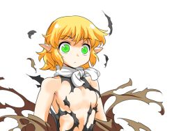 Rule 34 | 1girl, arms at sides, bad id, bad pixiv id, blank stare, blonde hair, breasts, exploding clothes, looking at viewer, mizuhashi parsee, mono (moiky), pointy ears, short hair, small breasts, solo, torn clothes, touhou, transparent background