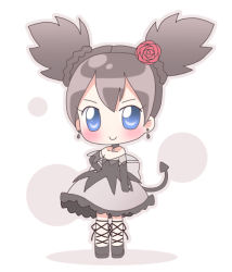 Rule 34 | &gt;:), 00s, 1girl, blush, brown dress, chibi, cross-laced footwear, demon tail, dress, flower, full body, hair flower, hair ornament, kuromi, kurumi nui, looking at viewer, mirai (sugar), onegai my melody, sanrio, shoes, simple background, solo, standing, tail, twintails, v-shaped eyebrows, white background