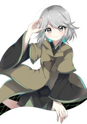 Rule 34 | 1girl, arm up, ascot, black kimono, black shorts, breasts, brown ascot, brown coat, closed mouth, coat, commentary request, genderswap, genderswap (otf), green trim, grey eyes, grey hair, highres, houlen yabusame, japanese clothes, kimono, layered sleeves, len&#039;en, long sleeves, looking at viewer, medium breasts, medium hair, ougi hina, portal (object), puffy short sleeves, puffy sleeves, short over long sleeves, short sleeves, shorts, simple background, smile, solo, white background, wide sleeves