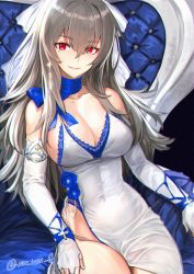 Rule 34 | 1girl, azur lane, bare shoulders, breasts, cleavage, cross, cross earrings, dress, earrings, elbow gloves, fingerless gloves, gloves, grey hair, highres, jewelry, large breasts, long hair, looking at viewer, mole, mole under eye, ninnin (shishitou), red eyes, saint-louis (azur lane), saint-louis (holy knight&#039;s resplendence) (azur lane), saint-louis (holy knight&#039;s resplendence) (azur lane), side slit, sitting, sleeveless, sleeveless dress, solo, thighhighs, white dress, white thighhighs