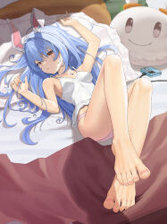 Rule 34 | 1girl, :/, absurdres, animal ear fluff, animal ears, arm up, bangom r, bare arms, bare legs, bare shoulders, barefoot, bed sheet, blue hair, breasts, camisole, closed mouth, collarbone, commentary request, feet, foot focus, foreshortening, full body, hair between eyes, hand up, head on pillow, highres, hololive, knees up, leg up, legs, long hair, looking at viewer, lying, midriff, no pants, on back, on bed, panties, pillow, pink panties, rabbit ears, rabbit girl, red eyes, short eyebrows, sideboob, sidelocks, sleepwear, small breasts, solo, stuffed animal, stuffed toy, thick eyebrows, thighs, toenails, toes, underwear, usada pekora, virtual youtuber, white camisole