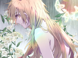Rule 34 | 1boy, alphonse elric, androgynous, av (abusive), bare shoulders, blonde hair, covering privates, expressionless, eyelashes, facing away, flower, flower request, from side, fullmetal alchemist, gradient background, grey background, lily (flower), long hair, looking back, male focus, messy hair, nude, nude cover, profile, rain, simple background, solo, upper body, very long hair, white background, white flower, yellow eyes
