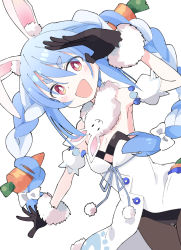 Rule 34 | 1girl, puff of air, animal ear fluff, animal ears, bare shoulders, black gloves, black leotard, blue hair, blush, bow, braid, breasts, bright pupils, brown pantyhose, carrot hair ornament, coat, coat dress, detached sleeves, don-chan (usada pekora), dress, dutch angle, food-themed hair ornament, fur trim, gloves, hair between eyes, hair bow, hair ornament, hololive, ixy, leotard, long hair, looking at viewer, multicolored hair, open mouth, orange eyes, outstretched arm, pantyhose, print coat, puffy short sleeves, puffy sleeves, rabbit ears, salute, short eyebrows, short sleeves, sidelocks, simple background, small breasts, smile, solo, strapless, strapless coat, strapless dress, thick eyebrows, twin braids, two-tone hair, usada pekora, usada pekora (1st costume), v-shaped eyebrows, very long hair, virtual youtuber, white background, white bow, white coat, white hair, white pupils