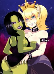 Rule 34 | 2girls, armlet, ass, ass grab, back, banjo-kazooie, bare arms, bare shoulders, black dress, black hair, black nails, blonde hair, blue eyes, bowsette, bracelet, breasts, brown horns, claws, cleavage, clothes lift, collar, collarbone, colored skin, couple, crossover, crown, dalley-the-alpha, dress, dress grab, dress lift, earrings, eyeshadow, fang, from behind, gradient background, green skin, gruntilda winkybunion, hair between eyes, half-closed eyes, head tilt, highres, horns, interspecies, jewelry, large breasts, lips, lipstick, long hair, looking at viewer, looking back, makeup, mario (series), medium breasts, monster girl, multiple girls, nail polish, naughty face, neck, new super mario bros. u deluxe, nintendo, parted lips, pointy ears, ponytail, purple lips, rareware, red eyes, short hair, sideboob, smile, spiked armlet, spiked bracelet, spiked collar, spikes, standing, strapless, strapless dress, super crown, super mario bros. 1, teeth, witch, yuri