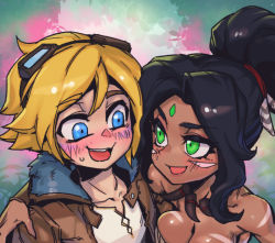 Rule 34 | 1boy, 1girl, :d, arm around shoulder, black hair, blonde hair, blouse, blush, breast press, breasts, brown jacket, cleavage, dark-skinned female, dark skin, ezreal, forest, fur trim, goggles, goggles on head, green eyes, jacket, jewelry, large breasts, league of legends, long hair, looking at another, nature, necklace, nidalee, open clothes, open jacket, open mouth, outdoors, phantom ix row, pixie cut, ponytail, shirt, short hair, smile, teeth, tooth necklace, upper teeth only, white shirt