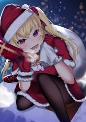 Rule 34 | 1girl, :d, absurdres, aco2t, bag, bell, black pantyhose, blonde hair, bow, box, capelet, dress, fur-trimmed capelet, fur-trimmed dress, fur-trimmed gloves, fur trim, gift, gift bag, gift box, gloves, hair bow, hat, highres, holding, holding bag, holding box, long hair, looking at viewer, neck ribbon, night, nijisanji, on one knee, open mouth, outdoors, pantyhose, red bow, red capelet, red dress, red eyes, red gloves, red hat, red ribbon, ribbon, santa costume, santa gloves, santa hat, short dress, short sleeves, smile, solo, takamiya rion, twintails, virtual youtuber