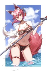 1girl animal_ear_fluff animal_ears as4gi azur_lane bikini black_choker blush breasts choker cleavage cloud commission day fox_ears fox_girl fox_tail hair_ornament highres holding holding_weapon ise_(azur_lane) large_breasts light_blush looking_at_viewer medium_breasts midriff navel outdoors pixiv_commission ponytail red_eyes red_hair smile solo stomach swimsuit tail teeth thigh_strap thighs wading water weapon