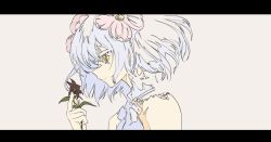 Rule 34 | 1girl, absurdres, bare shoulders, closed mouth, cogecha, commentary, eyelashes, flat color, flower, flower request, from side, hair flower, hair ornament, highres, holding, holding flower, kudou chitose, letterboxed, nijisanji, shirt, short hair, simple background, smile, solo, upper body, virtual youtuber, wavy hair, white hair, white shirt, yellow eyes