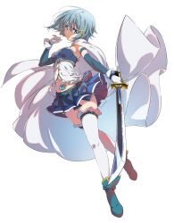 Rule 34 | 1girl, belt, blue eyes, blue footwear, blue hair, blue skirt, boots, cape, commentary request, detached sleeves, fortissimo, gloves, hair ornament, highres, holding, holding sword, holding weapon, looking at viewer, magical girl, mahou shoujo madoka magica, mahou shoujo madoka magica (anime), miki sayaka, miniskirt, musical note, musical note hair ornament, navel, simple background, skirt, solo, soul gem, sword, thighhighs, weapon, white background, white cape, white gloves, white thighhighs, yasou1010