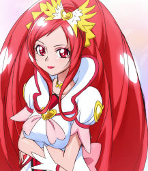 Rule 34 | 1girl, bad id, bad pixiv id, bow, brooch, cure ace, dokidoki! precure, eyelashes, hair bow, hair ornament, hair ribbon, heart, heart brooch, jewelry, lipstick, long hair, looking at viewer, madoka aguri, magical girl, makeup, oimanji, precure, red eyes, red hair, ribbon, simple background, skirt, smile, solo, white background