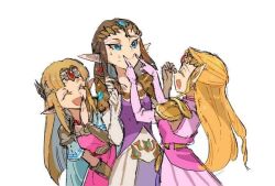 Rule 34 | 3girls, armor, blonde hair, blue eyes, brown hair, covering own mouth, dress, earrings, fingersmile, forced smile, gloves, hand over own mouth, jewelry, long hair, multiple girls, nintendo, nyagiratwist, pink dress, pointy ears, princess zelda, purple dress, purple gloves, shoulder armor, smile, super smash bros., sweatdrop, the legend of zelda, the legend of zelda: a link between worlds, the legend of zelda: ocarina of time, the legend of zelda: twilight princess, tiara, white gloves