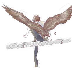 Rule 34 | 1boy, ahoge, arm support, bishounen, black pants, boots, brown feathers, brown hair, brown wings, commentary request, feathered wings, feathers, from behind, full body, getting up, granblue fantasy, high heel boots, high heels, knee up, male focus, masakane, messy hair, motion lines, pants, sandalphon (granblue fantasy), short hair, sitting, sketch, sleeveless, sleeveless turtleneck, solo focus, turtleneck, unfinished, wings