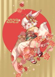 Rule 34 | 1girl, 2023, absurdres, animal ears, artist name, body fur, brown background, brown kimono, cherry blossoms, chinese zodiac, falling petals, floating, full body, furry, furry female, hair ornament, highres, japanese clothes, kimono, long sleeves, looking at viewer, mullmull02, multicolored background, neck fur, new year, obi, obijime, okobo, open mouth, original, petals, rabbit ears, rabbit girl, red background, red eyes, sandals, sash, shide, short hair, solo, striped, striped background, tabi, teeth, twitter username, upper teeth only, white fur, white hair, wide sleeves, year of the rabbit