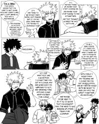 Rule 34 | 2boys, bakugou katsuki, bakuverde, boku no hero academia, closed mouth, collared shirt, comic, commentary, english commentary, english text, freckles, greyscale, highres, long sleeves, looking at another, male focus, midoriya izuku, monochrome, multiple boys, open mouth, pants, shirt, short hair, speech bubble, spiked hair, standing