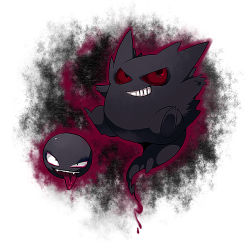 Rule 34 | black eyes, colored sclera, creatures (company), floating, full body, game freak, gastly, gen 1 pokemon, gengar, grin, looking at viewer, nintendo, no humans, pokemon, pokemon (creature), red sclera, simple background, smile, teeth, tongue, tongue out, two-tone background, white background, yamipika